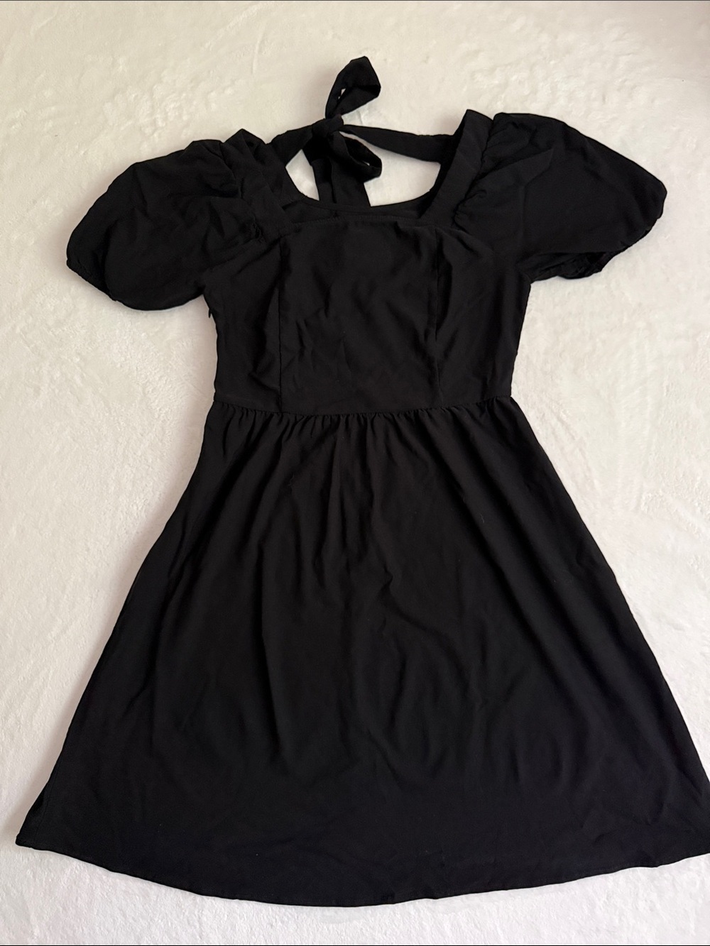 Ofeefan Classic Black Mini Dress with Puff Sleeves